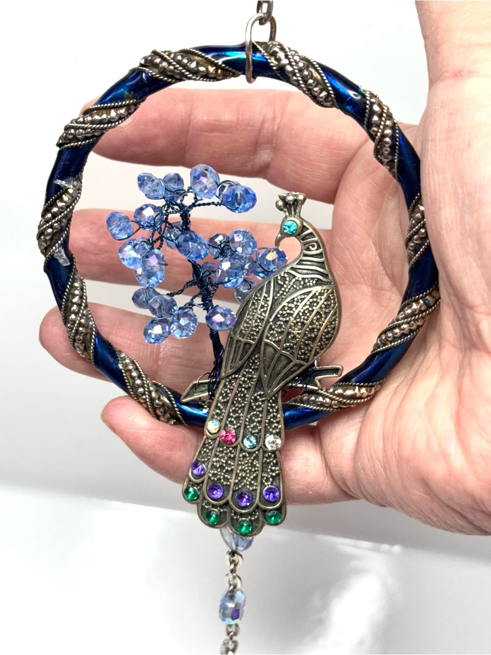 Handmade blue Peacock and tree of life hanging sun catcher with Blue Crystal